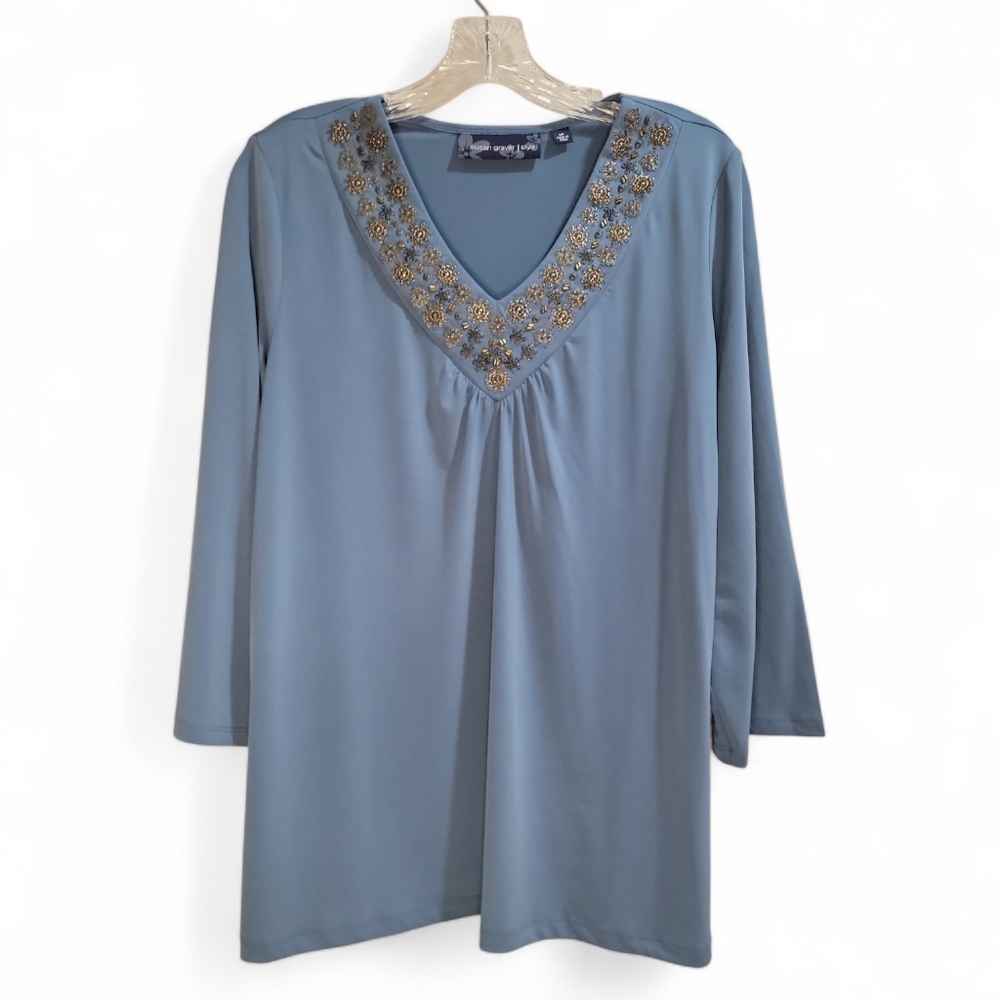 Susan Graver Blue Studded V-Neck Tunic 3/4 Sleeve‎ Women's Medium